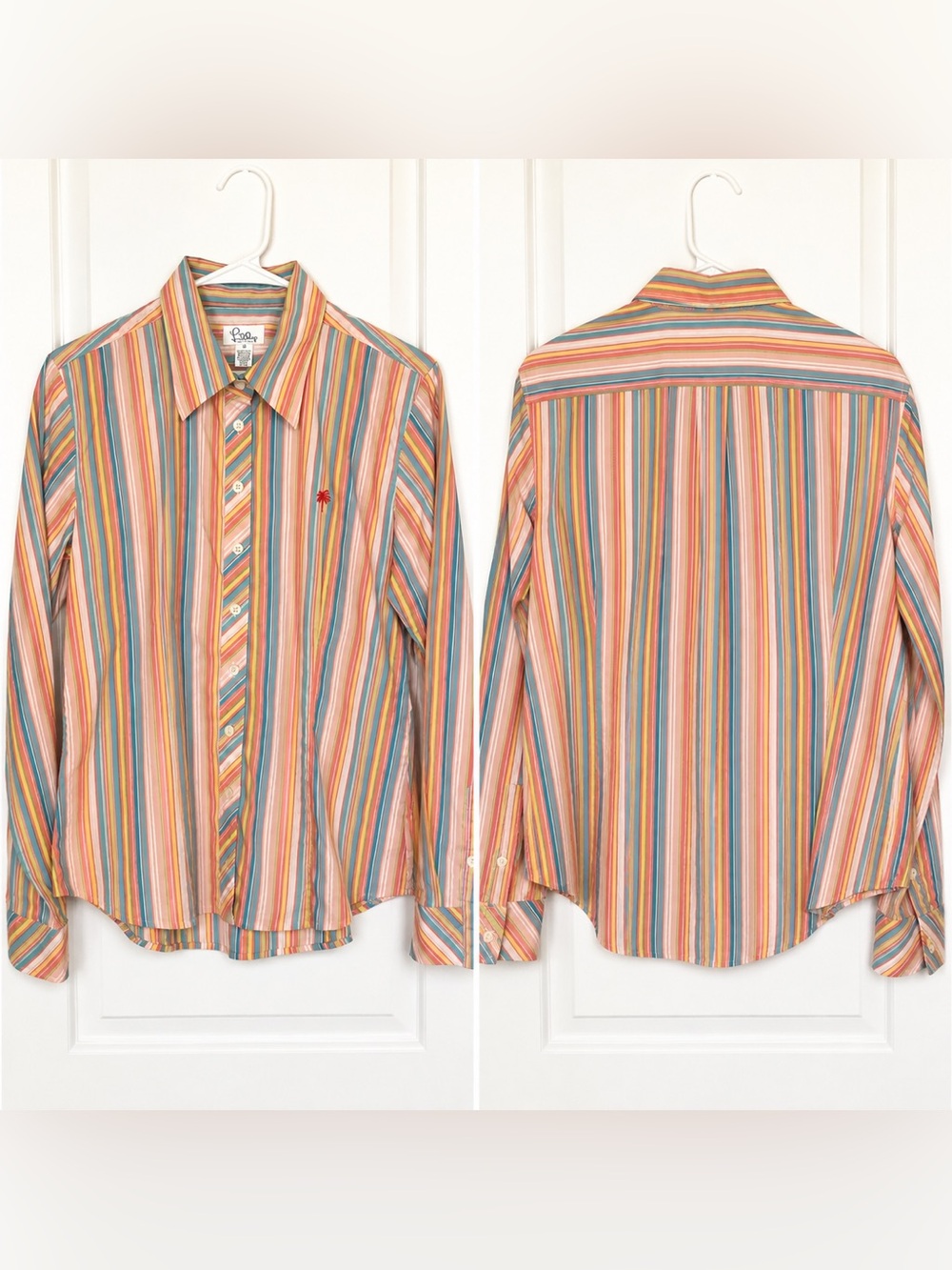 Lilly Pulitzer Striped Button Down Shirt Palm Tree Logo Size 10